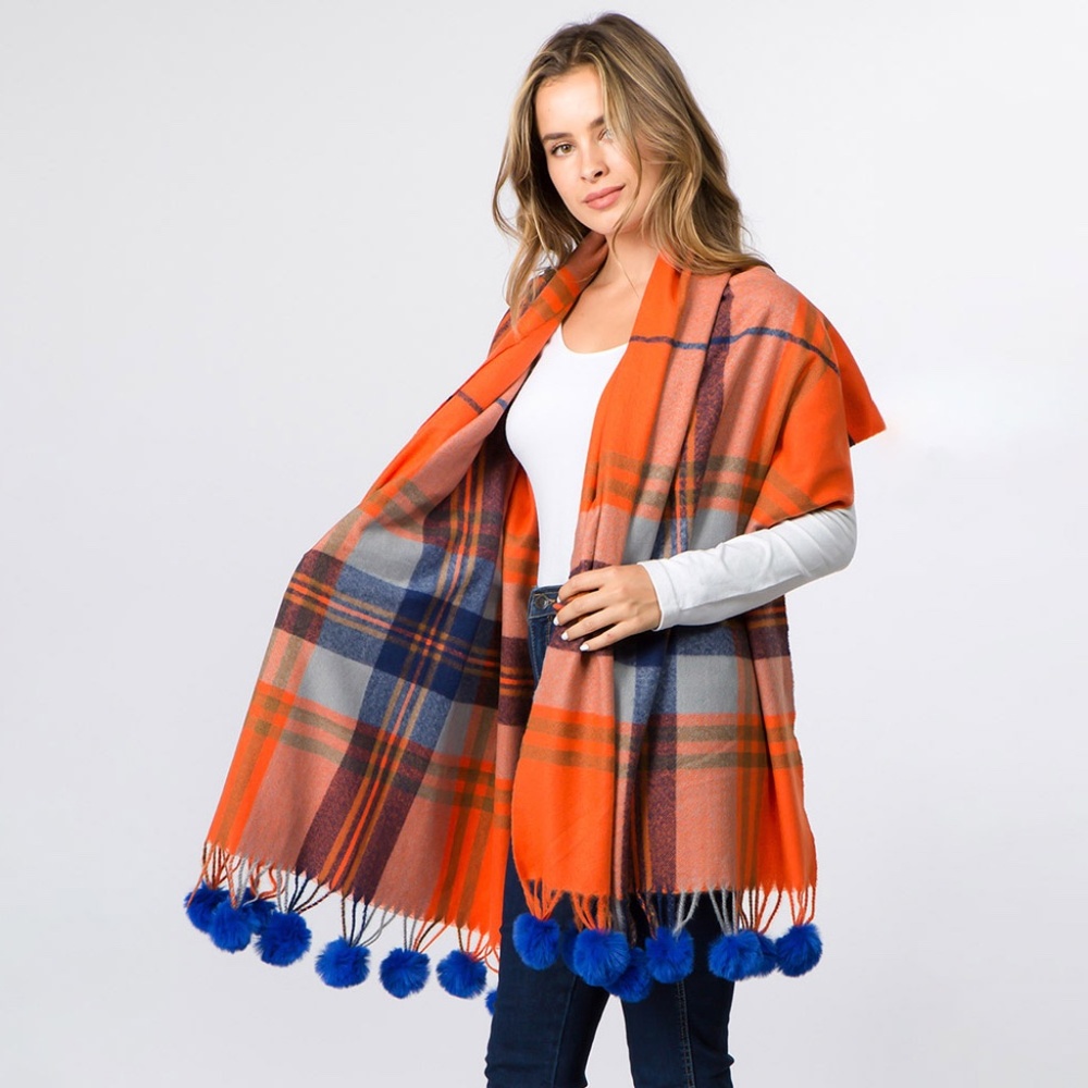Pom Pom Tassel Plaid Scarf
